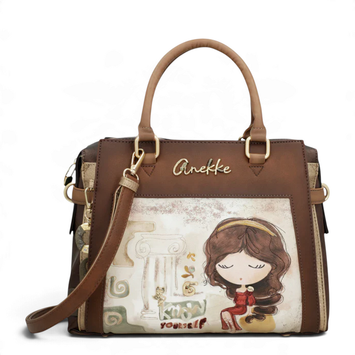ada-shoes.ro Anekke handbag in brown faux leather with artistic illustration, gold hardware, and detachable strap.