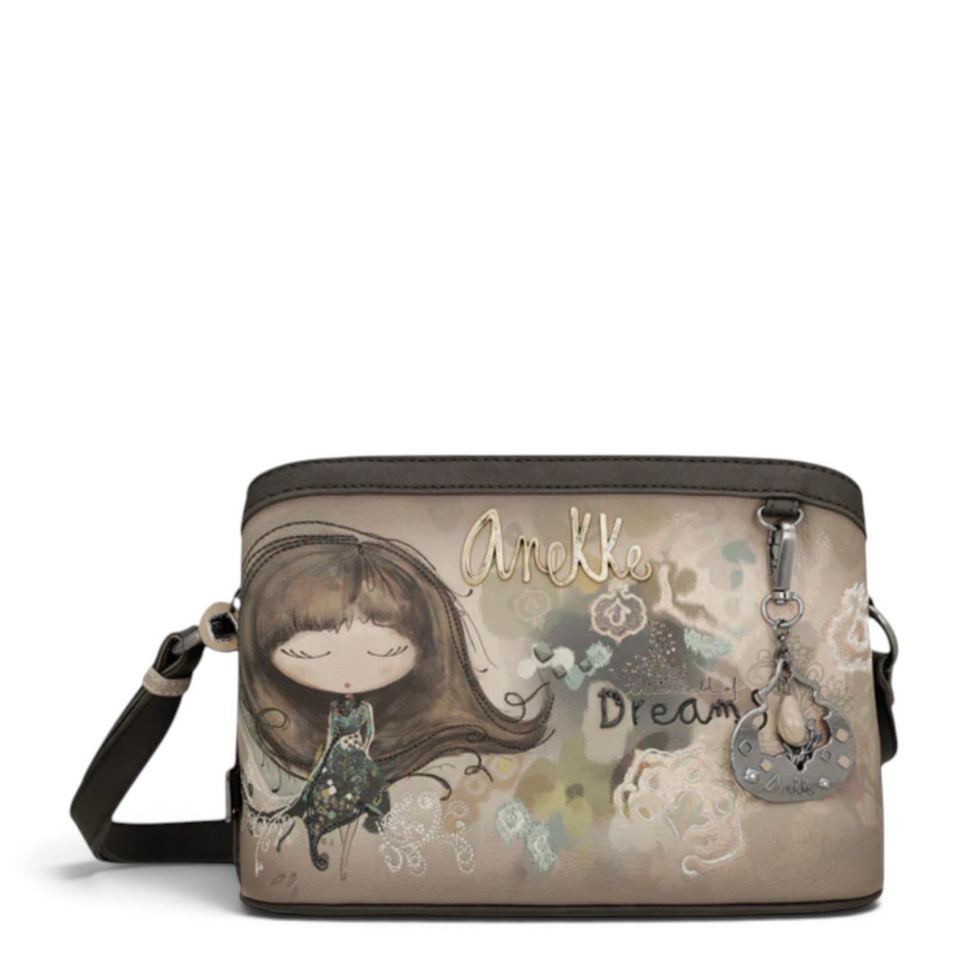 ada-shoes.ro Anekke Dreamverse crossbody bag in taupe and brown faux leather with artistic character illustration