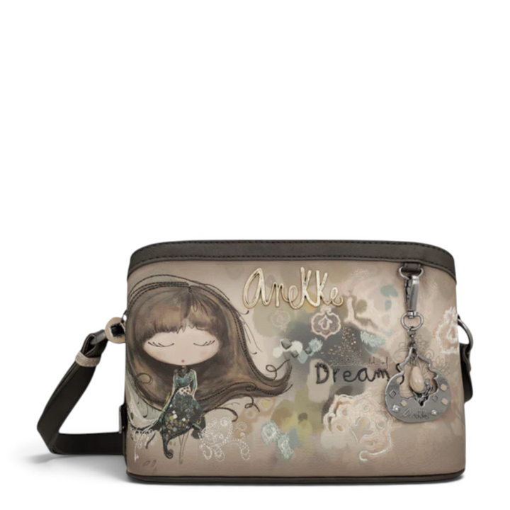 ada-shoes.ro Anekke Dreamverse crossbody bag in taupe and brown faux leather with artistic character illustration