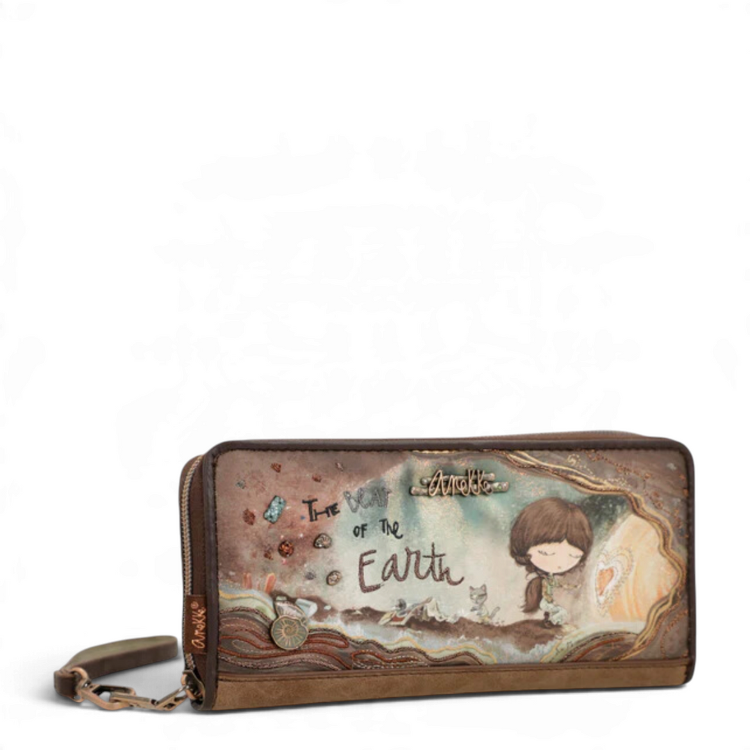 ada-shoes.ro Anekke The Beat of the Earth clutch wallet in brown faux leather with wrist strap and zip closure