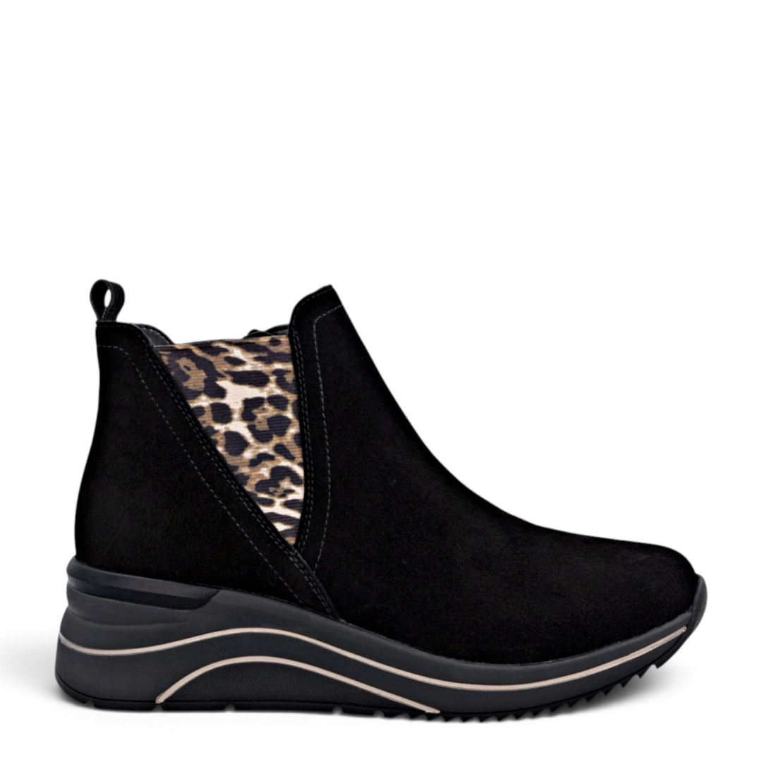 ada-shoes.ro Remonte black suede sneaker boots with leopard print elastic side panel and metallic sole detail