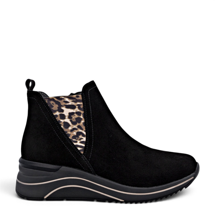 ada-shoes.ro Remonte black suede sneaker boots with leopard print elastic side panel and metallic sole detail