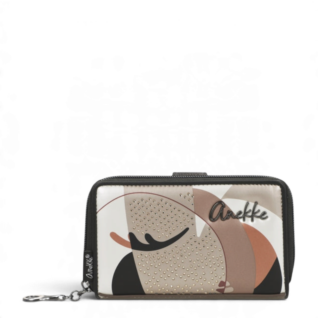 ada-shoes.ro Anekke casual wallet in brown, cream, and black with abstract design, metal studs, and logo detail.