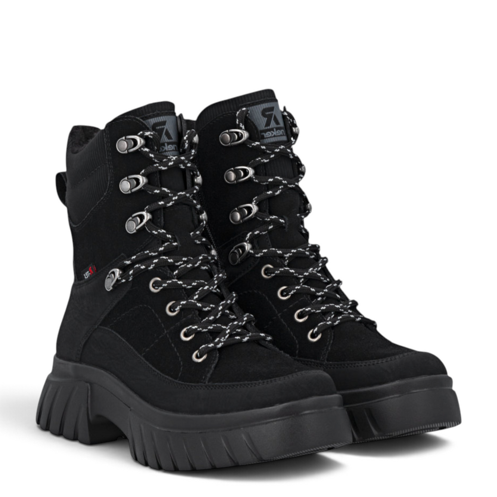 ada-shoes.ro Rieker black waterproof ankle boots with Rieker Tex technology, lace-up front, and chunky lug sole.