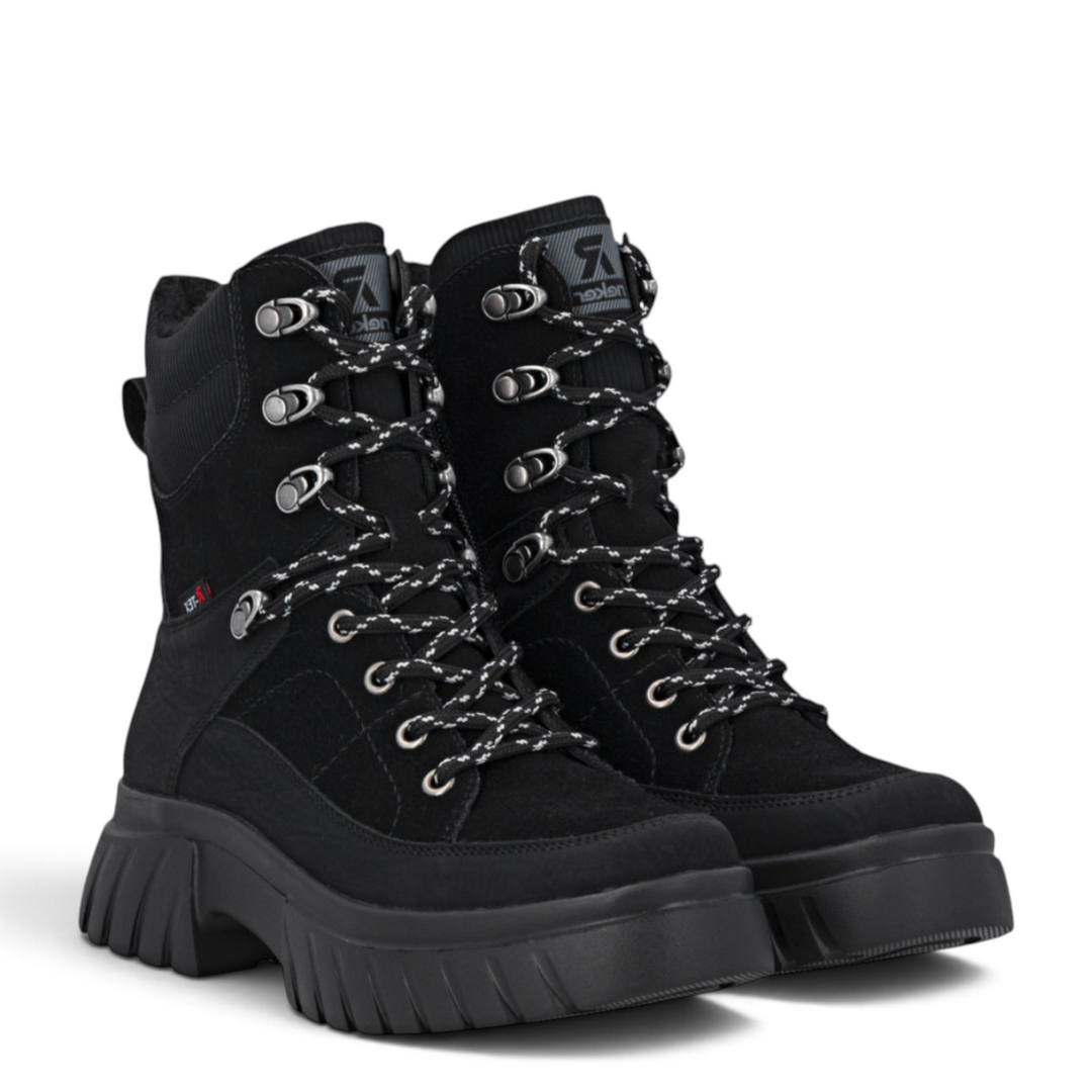 ada-shoes.ro Rieker black waterproof ankle boots with Rieker Tex technology, lace-up front, and chunky lug sole.