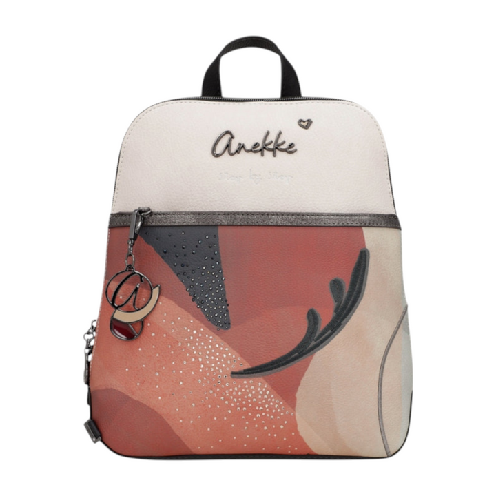ada-shoes.ro Anekke casual backpack in brown and cream faux leather with abstract artistic print and zipper closure