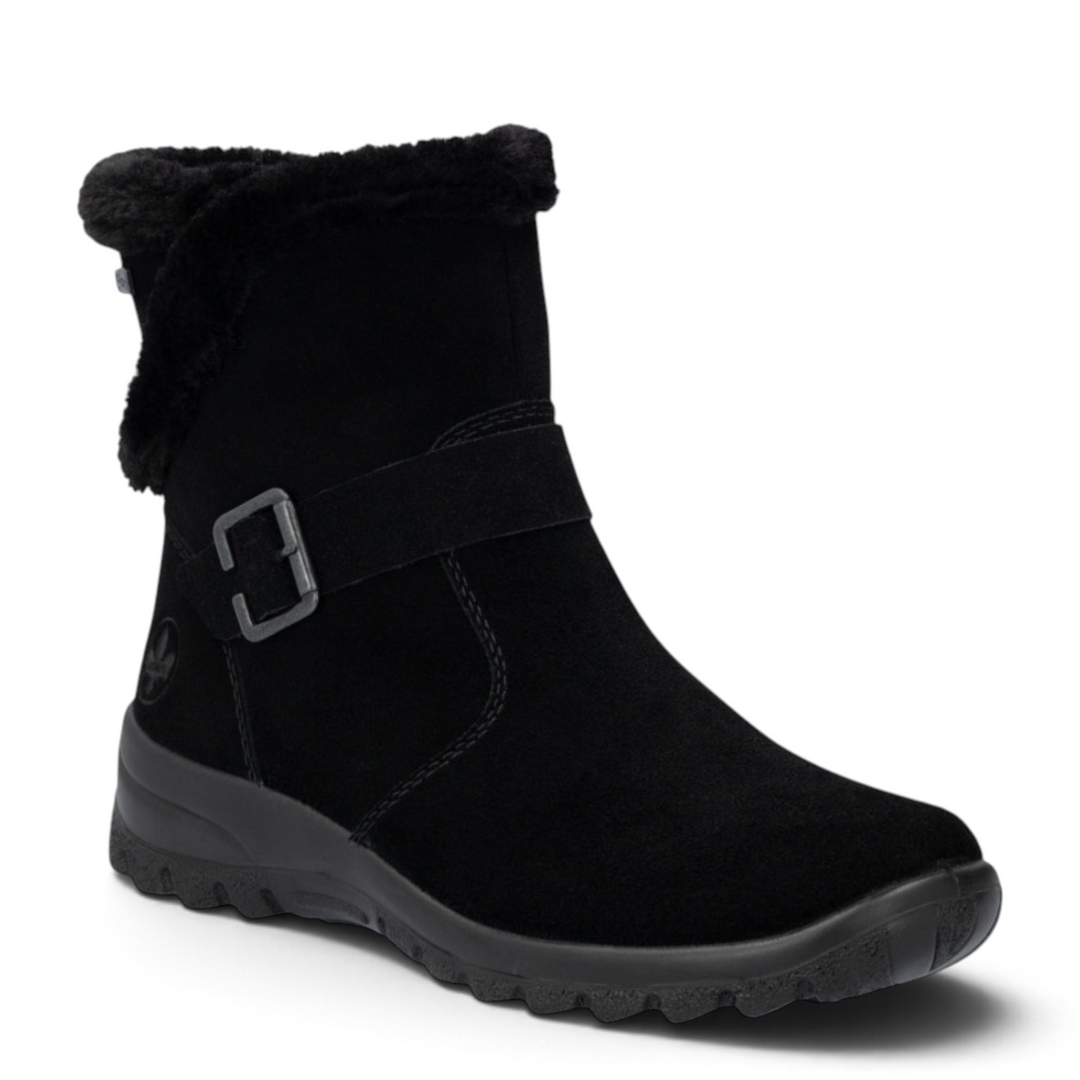ada-shoes.ro black suede winter boots with faux fur collar, decorative buckle, and RiekerTEX waterproof membrane