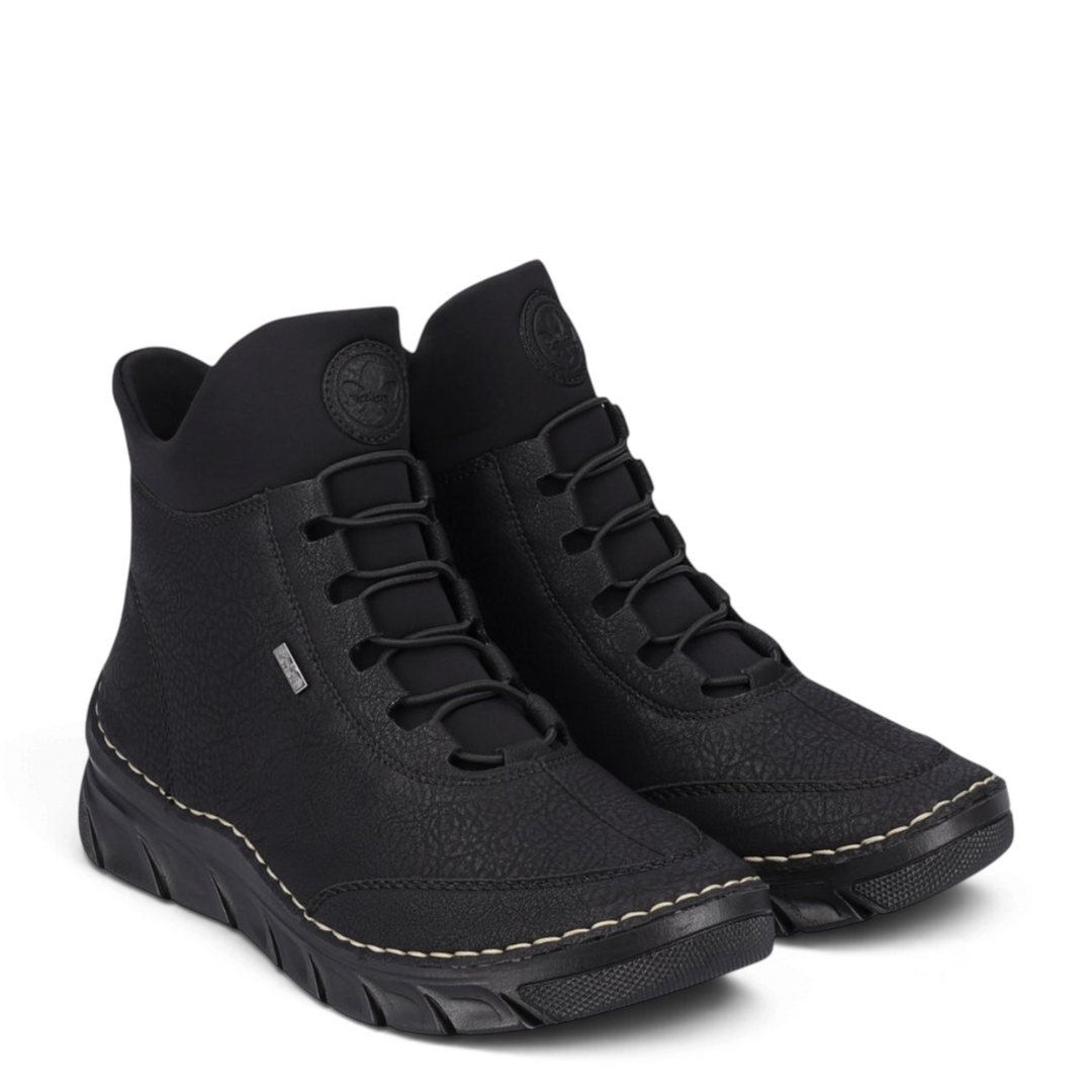 ada-shoes.ro Rieker 55069-00 black casual ankle boots with elastic laces, synthetic fur lining, and flexible sole.