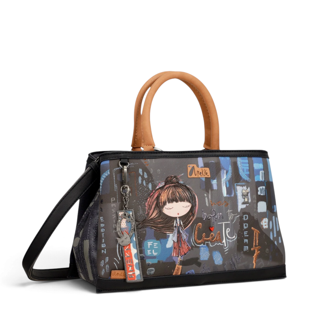 ada-shoes.ro Anekke Hollywood handbag with artistic graphic print, camel handles, and decorative metal charm