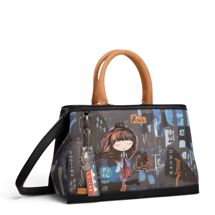 ada-shoes.ro Anekke Hollywood handbag with artistic graphic print, camel handles, and decorative metal charm