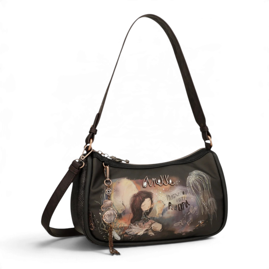 ada-shoes.ro Anekke Dreamverse hobo bag in metallic brown and charcoal with artistic illustration and vintage charm