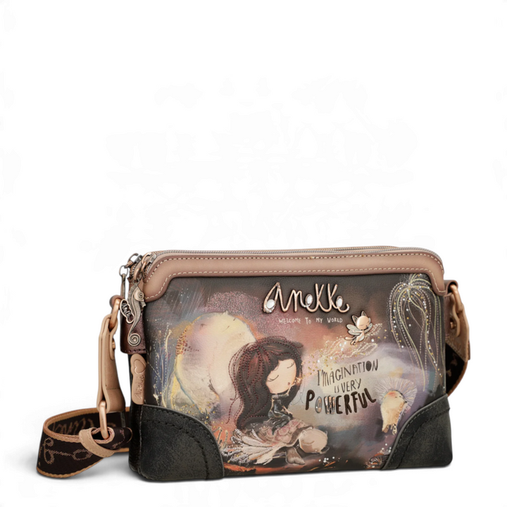 ada-shoes.ro Anekke Dreamverse crossbody bag with artistic illustration, three compartments, and wide embroidered strap