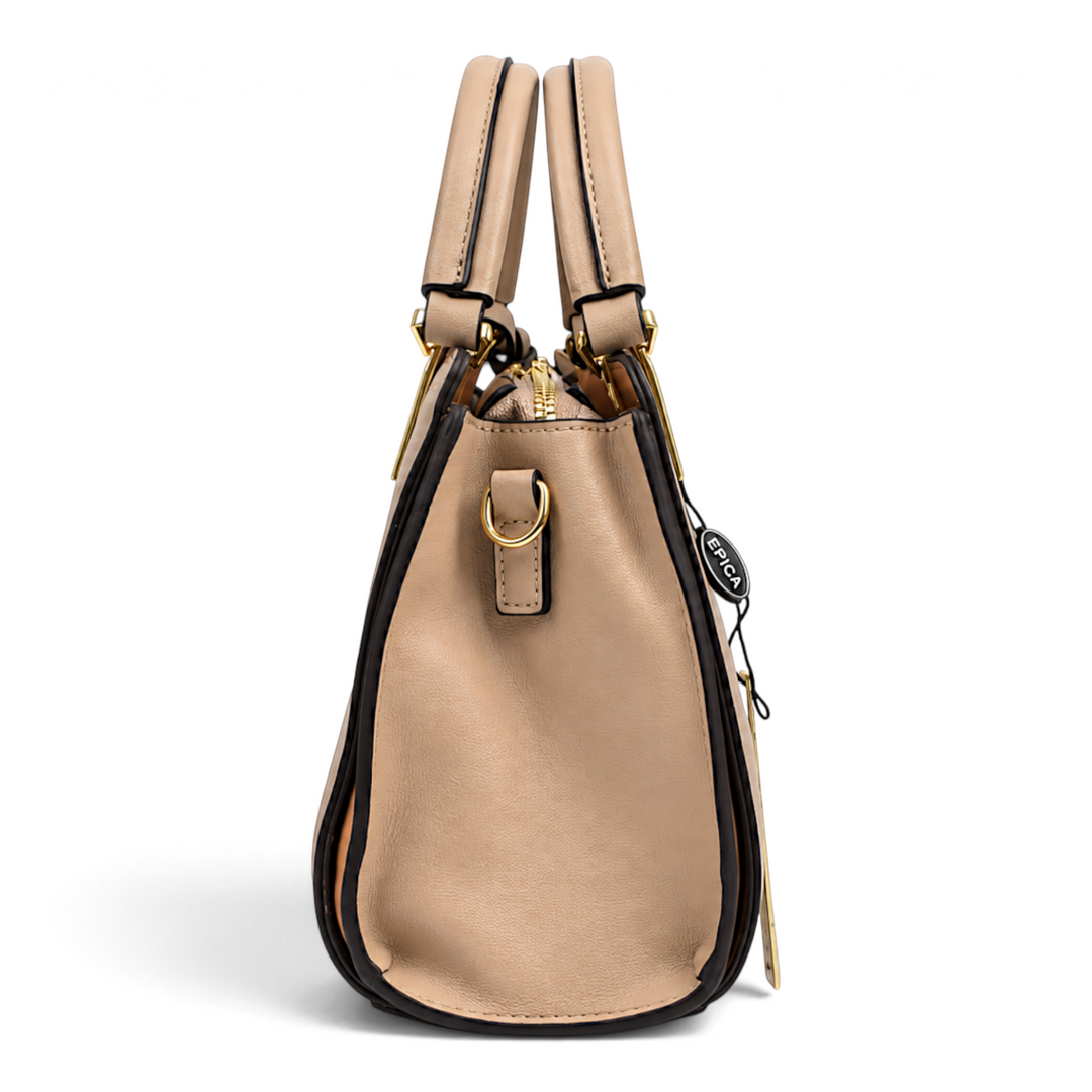 ada-shoes.ro Epica beige structured faux leather handbag with gold metal hardware and side view profile