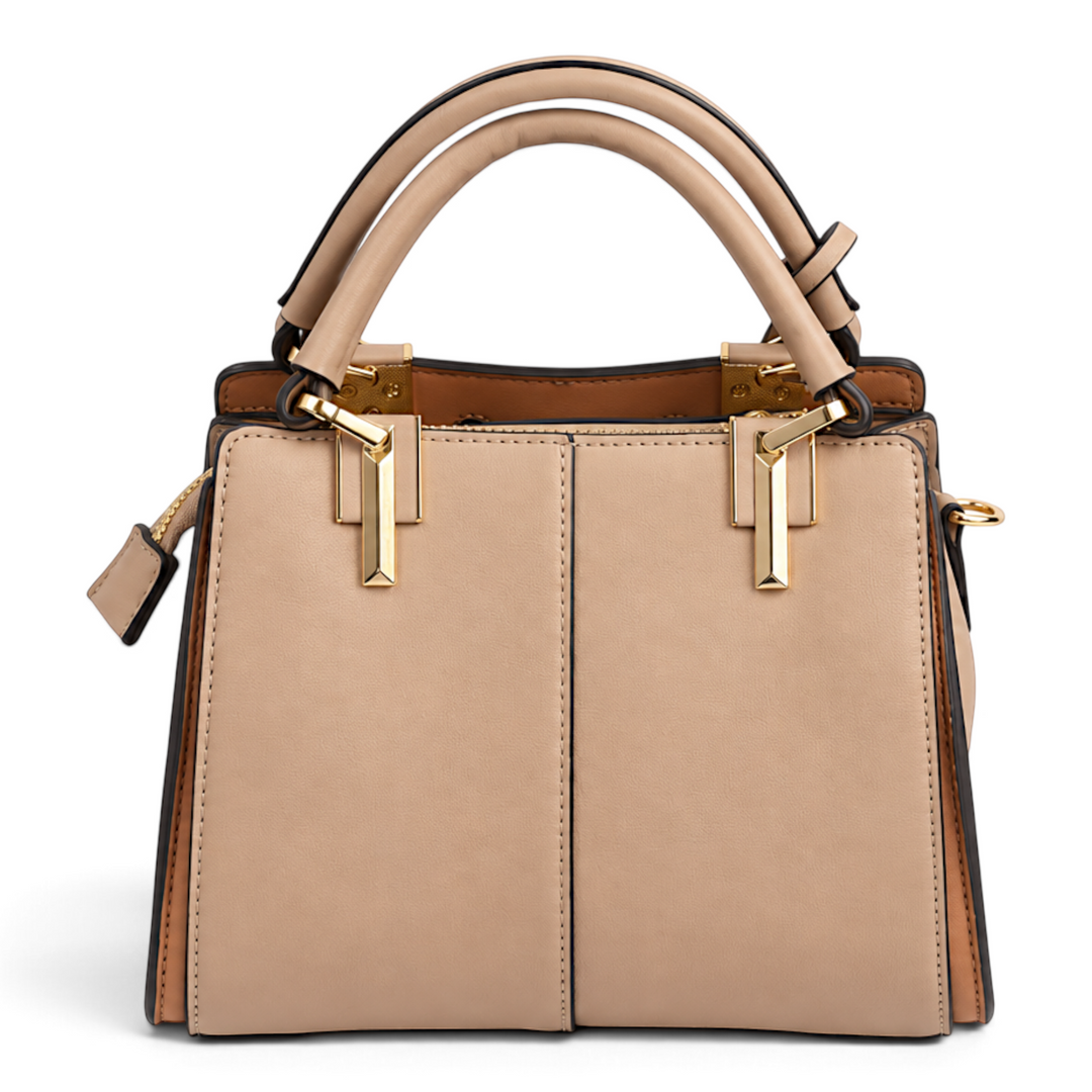 ada-shoes.ro Epica beige structured faux leather handbag with gold metal hardware and top handles