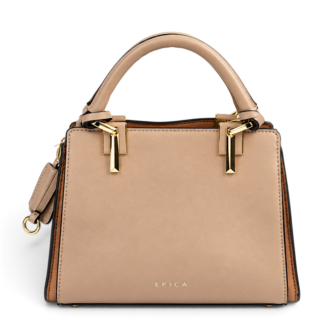 ada-shoes.ro Epica beige structured faux leather handbag with gold metal hardware and short top handles