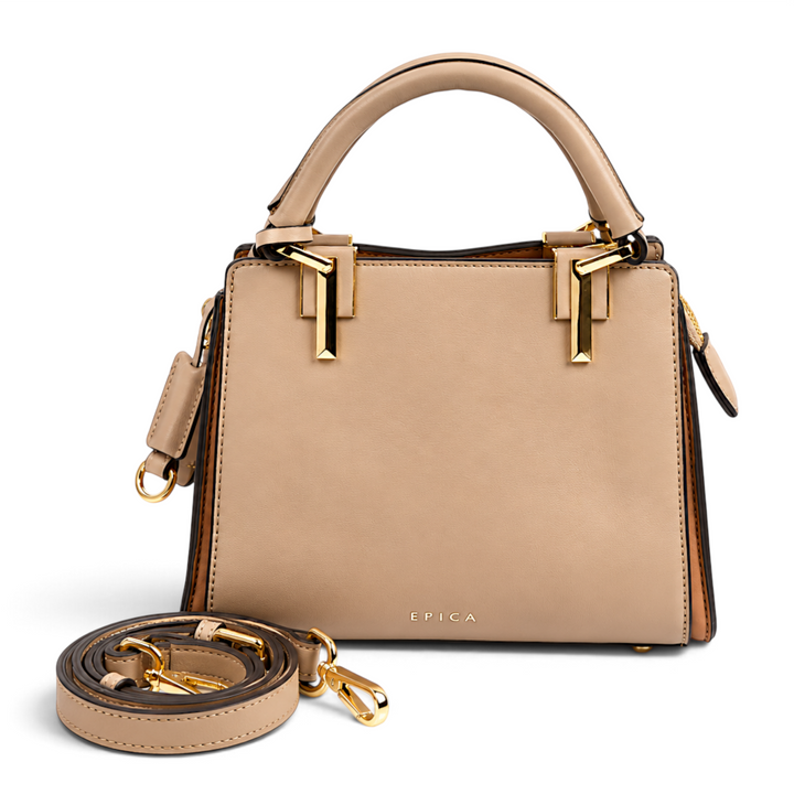 ada-shoes.ro Epica beige structured faux leather handbag with gold hardware, short handles, and a detachable shoulder strap