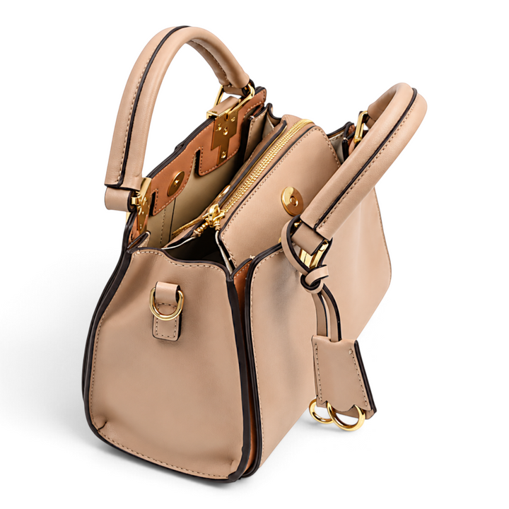 ada-shoes.ro Epica beige structured faux leather handbag with gold hardware, short handles, and detachable strap.