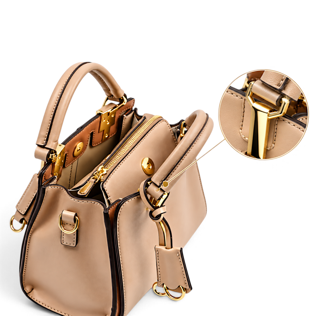 ada-shoes.ro Epica beige structured faux leather handbag with gold metal hardware and detachable shoulder strap