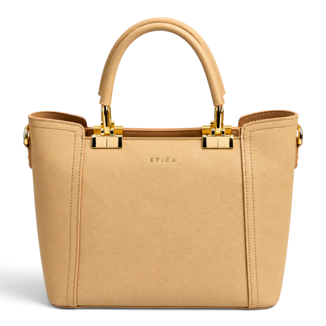 ada-shoes.ro Epica structured beige faux leather handbag with gold metal hardware and fixed top handles