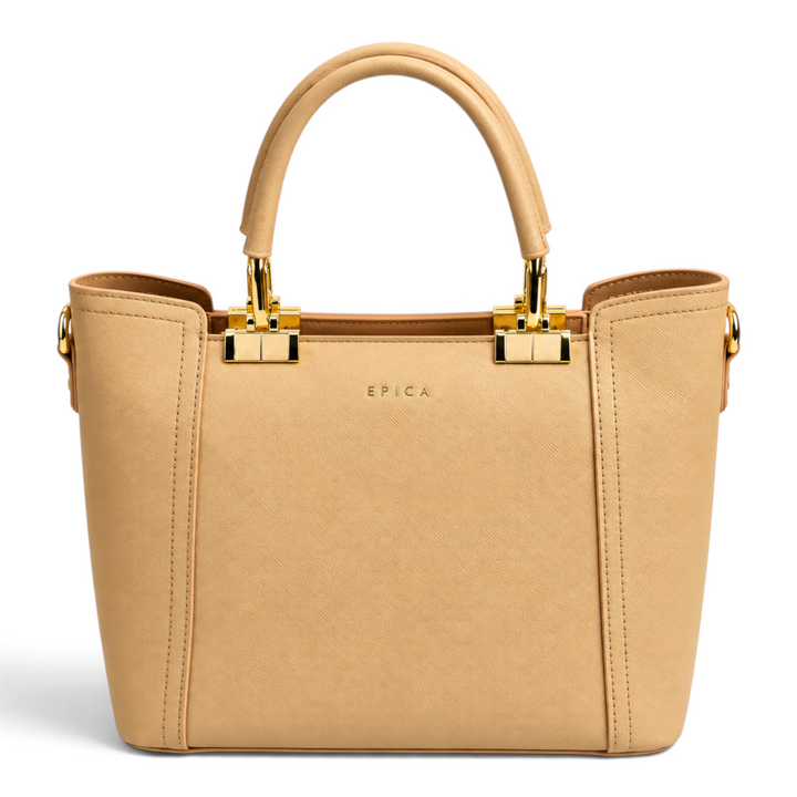 ada-shoes.ro Epica structured beige faux leather handbag with gold metal hardware and fixed top handles