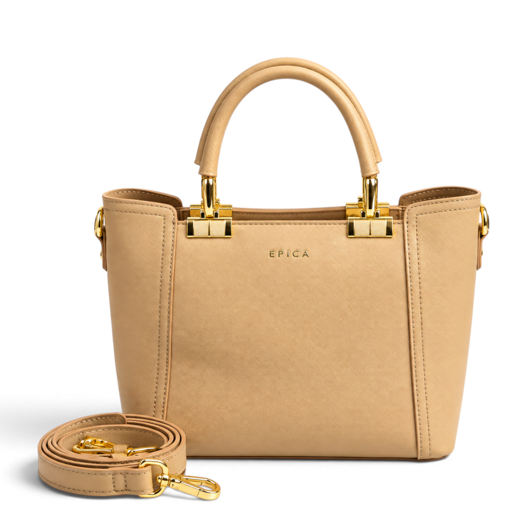 ada-shoes.ro Epica beige structured faux leather handbag with gold hardware, fixed handles, and detachable shoulder strap