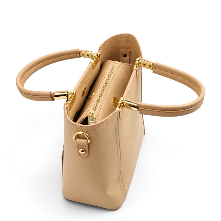 ada-shoes.ro Epica beige structured faux leather handbag with gold metal hardware and top handles