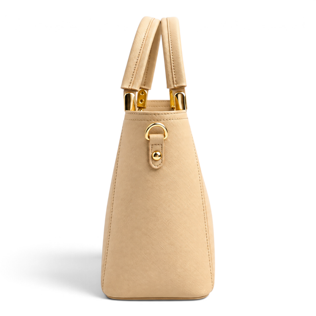 ada-shoes.ro Epica beige structured faux leather handbag with gold hardware and side view profile
