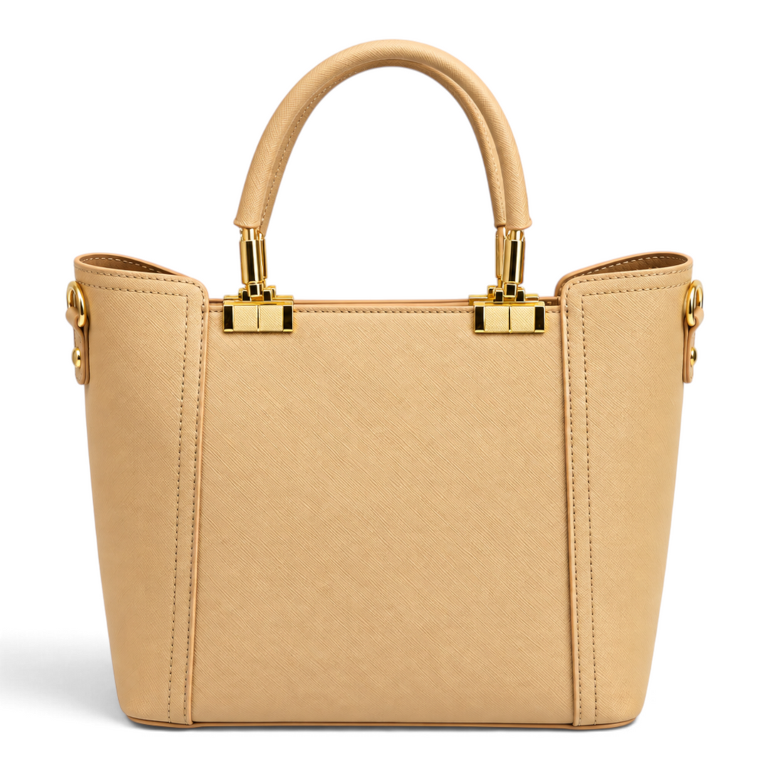 ada-shoes.ro Epica beige structured faux leather handbag with gold metal hardware and fixed handles