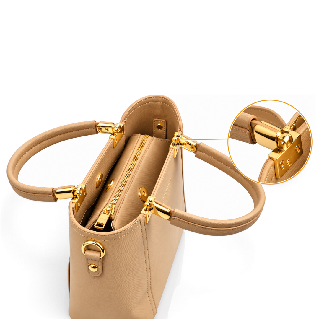 ada-shoes.ro Epica beige faux leather handbag with gold metal hardware, top handles, and zippered compartment.