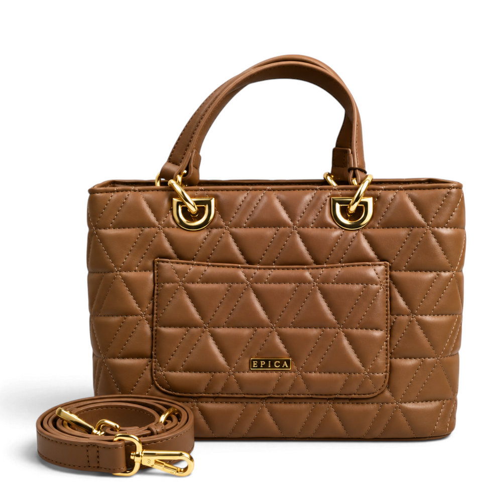 ada-shoes.ro Epica taupe faux leather handbag with geometric quilted pattern, gold hardware, and detachable strap.