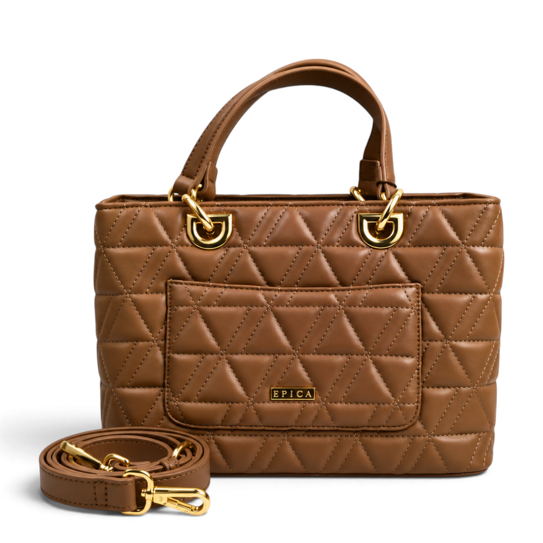 ada-shoes.ro Epica taupe faux leather handbag with geometric quilted pattern, gold hardware, and detachable strap.
