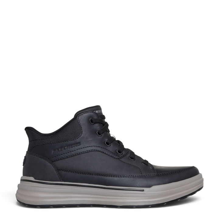ada-shoes.ro Skechers Sterling Rogan black leather casual mid-top boots with slip-in design and grey rubber sole