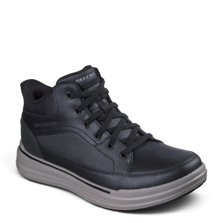 ada-shoes.ro Skechers Sterling Rogan black leather mid-top casual boots with slip-in design and grey rubber sole