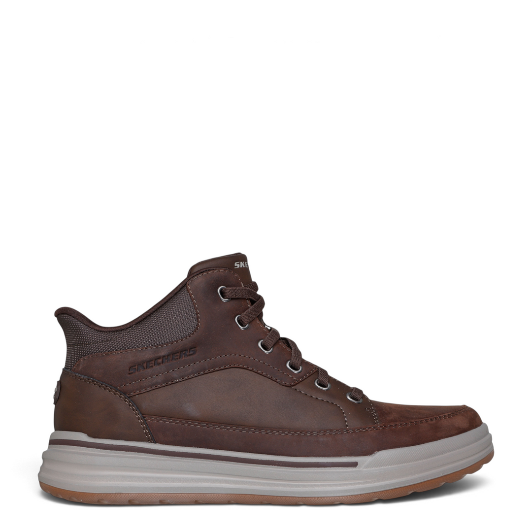 ada-shoes.ro Skechers Sterling Rogan brown leather casual mid-top boots with slip-in design and memory foam sole