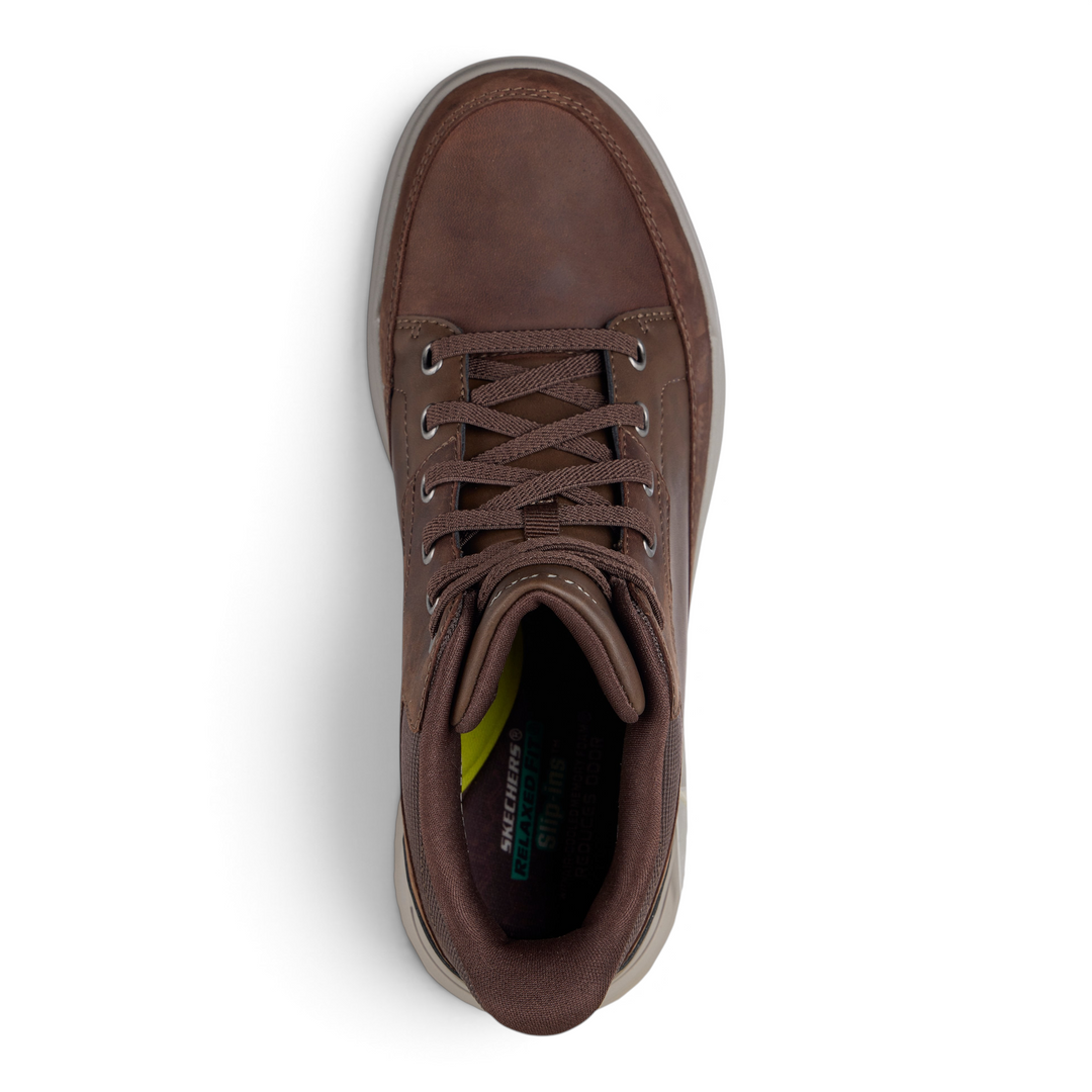 ada-shoes.ro Skechers Sterling Rogan brown leather casual mid-cut slip-in boots with elastic laces and memory foam
