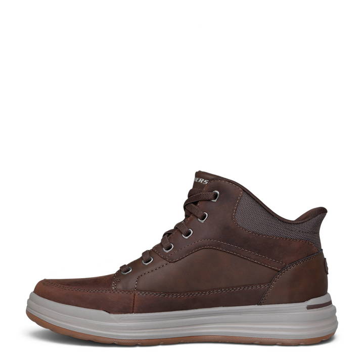 ada-shoes.ro Skechers Sterling Rogan brown leather casual mid-top boots with slip-in design and memory foam sole