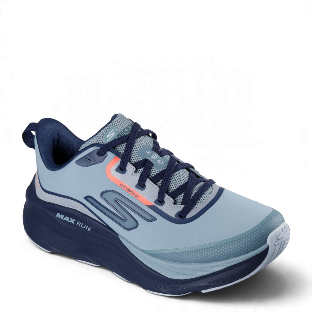 ada-shoes.ro Skechers GO RUN Max Cushioning Premier 2.0 waterproof running shoes in slate blue with orange accents.