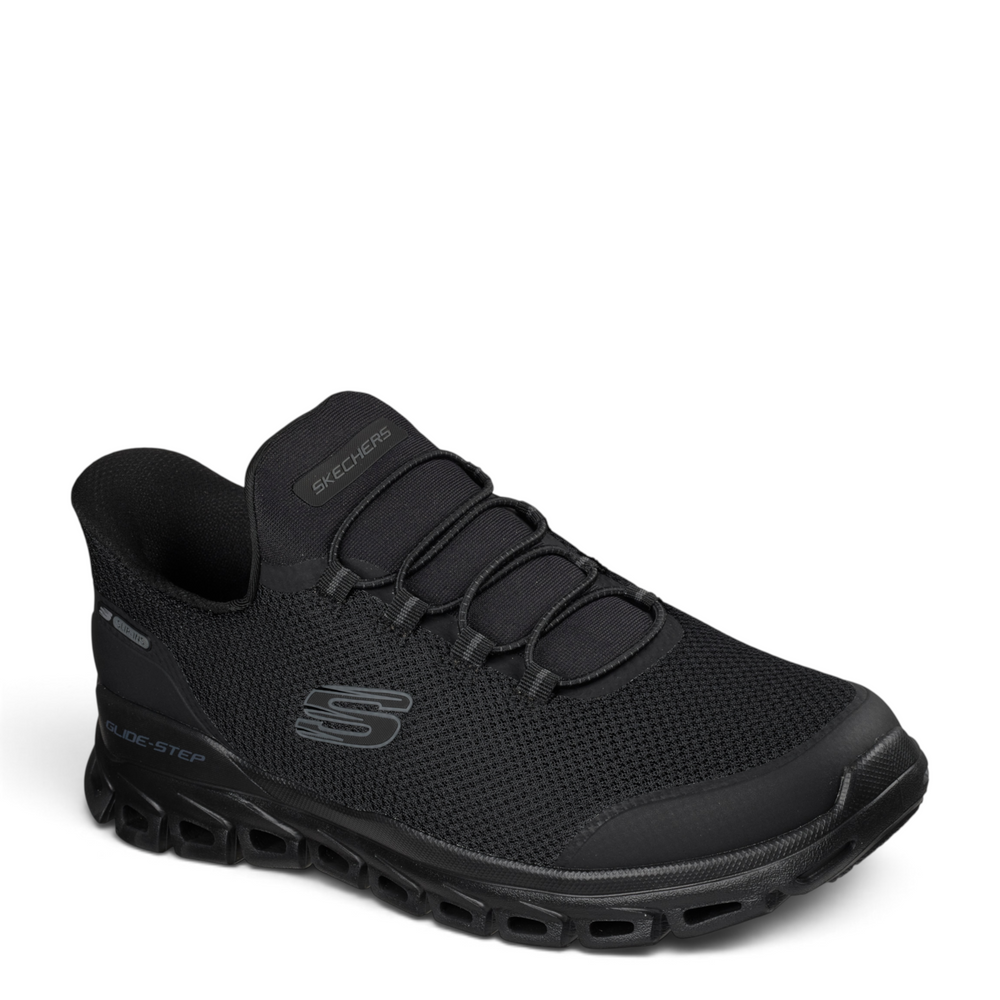ada-shoes.ro Skechers Glide-Step Sylo black men's sneakers with mesh upper, elastic laces, and cushioned geometric sole.