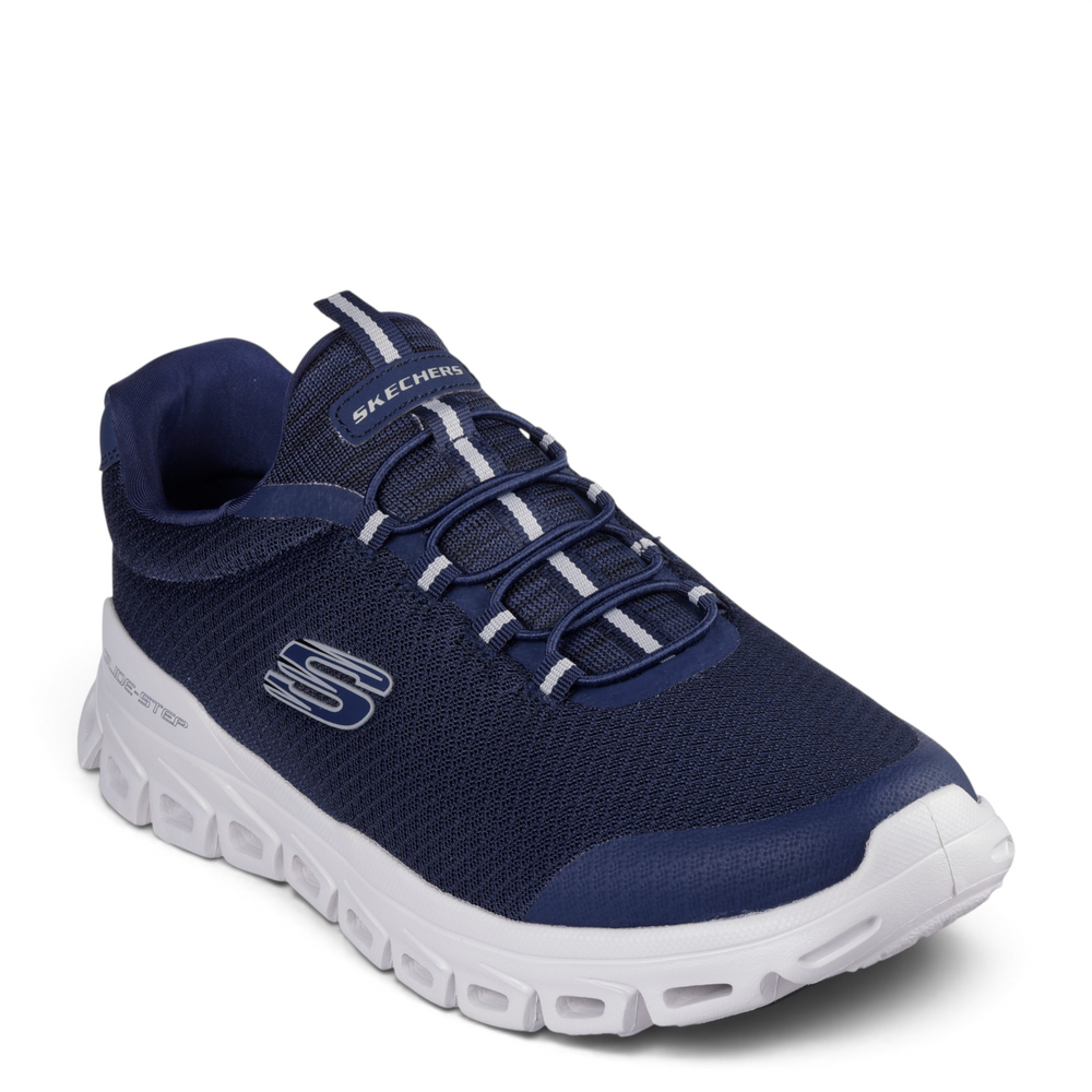 ada-shoes.ro Skechers Glide-Step Sylo navy blue men's sneakers with mesh upper, elastic laces, and white cushioned sole
