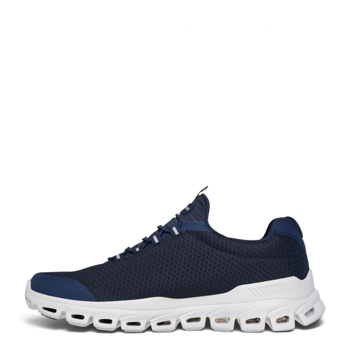 ada-shoes.ro Skechers Glide-Step Sylo navy blue sneakers with mesh upper, white cushioned sole, and elastic laces.