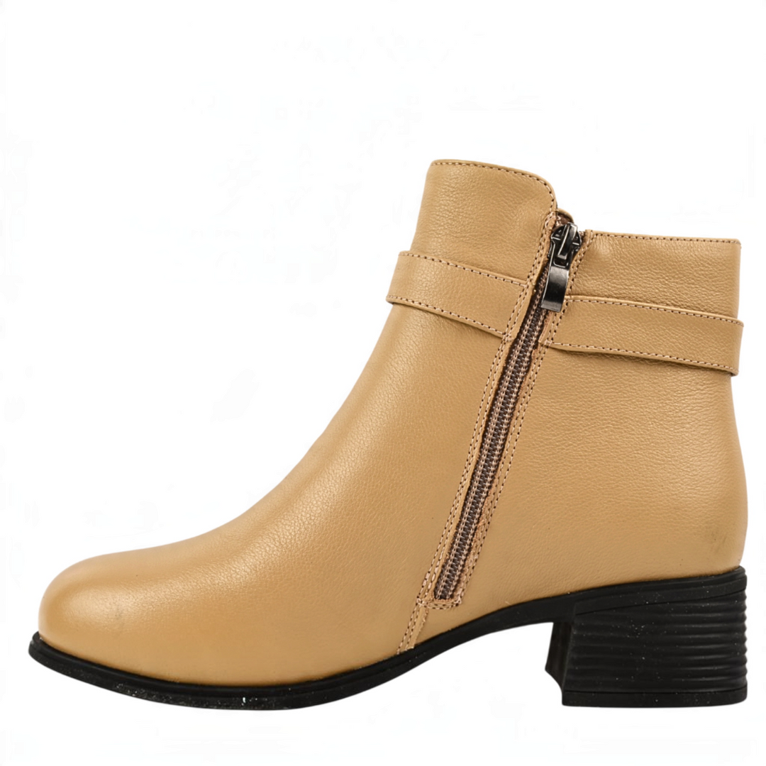 ada-shoes.ro Berliner cream leather ankle boots with a decorative strap, side zipper, and a stable block heel.