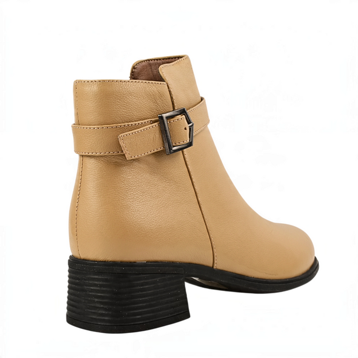 ada-shoes.ro cream leather ankle boots with a decorative buckle strap and a black block heel