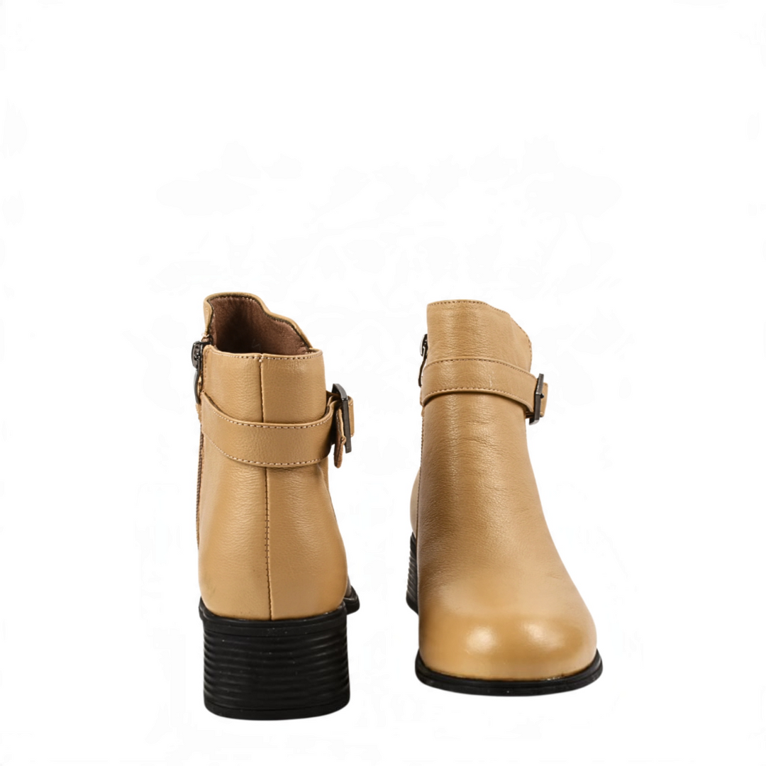 ada-shoes.ro Berliner cream leather ankle boots with a decorative buckle strap and a stable black block heel