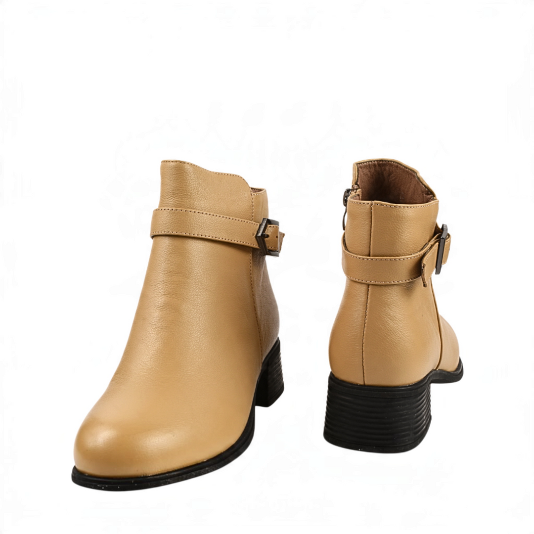 ada-shoes.ro elegant cream leather ankle boots with decorative buckle strap and black block heel