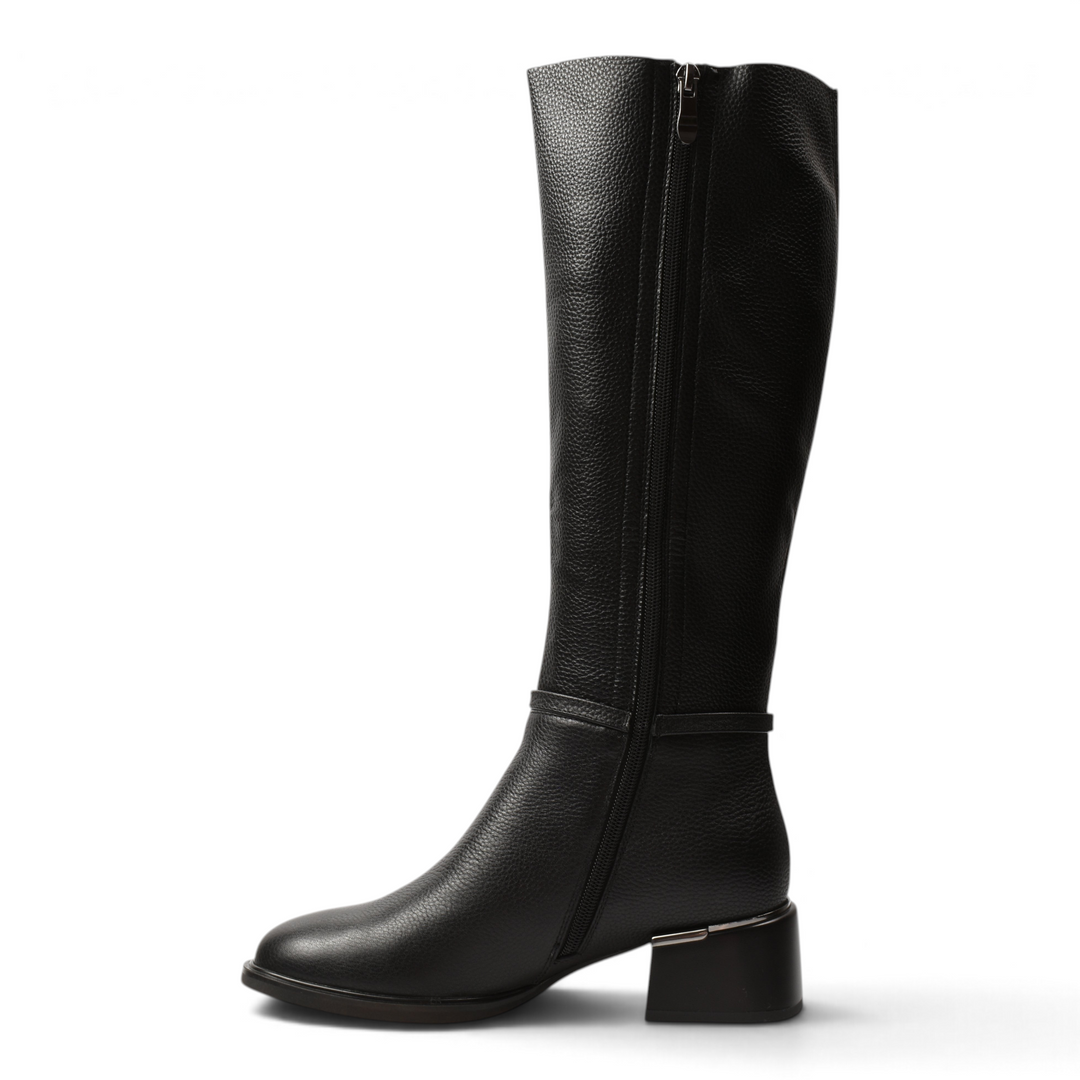ada-shoes.ro black leather knee-high boots with a textured finish, side zipper, and a stable block heel.