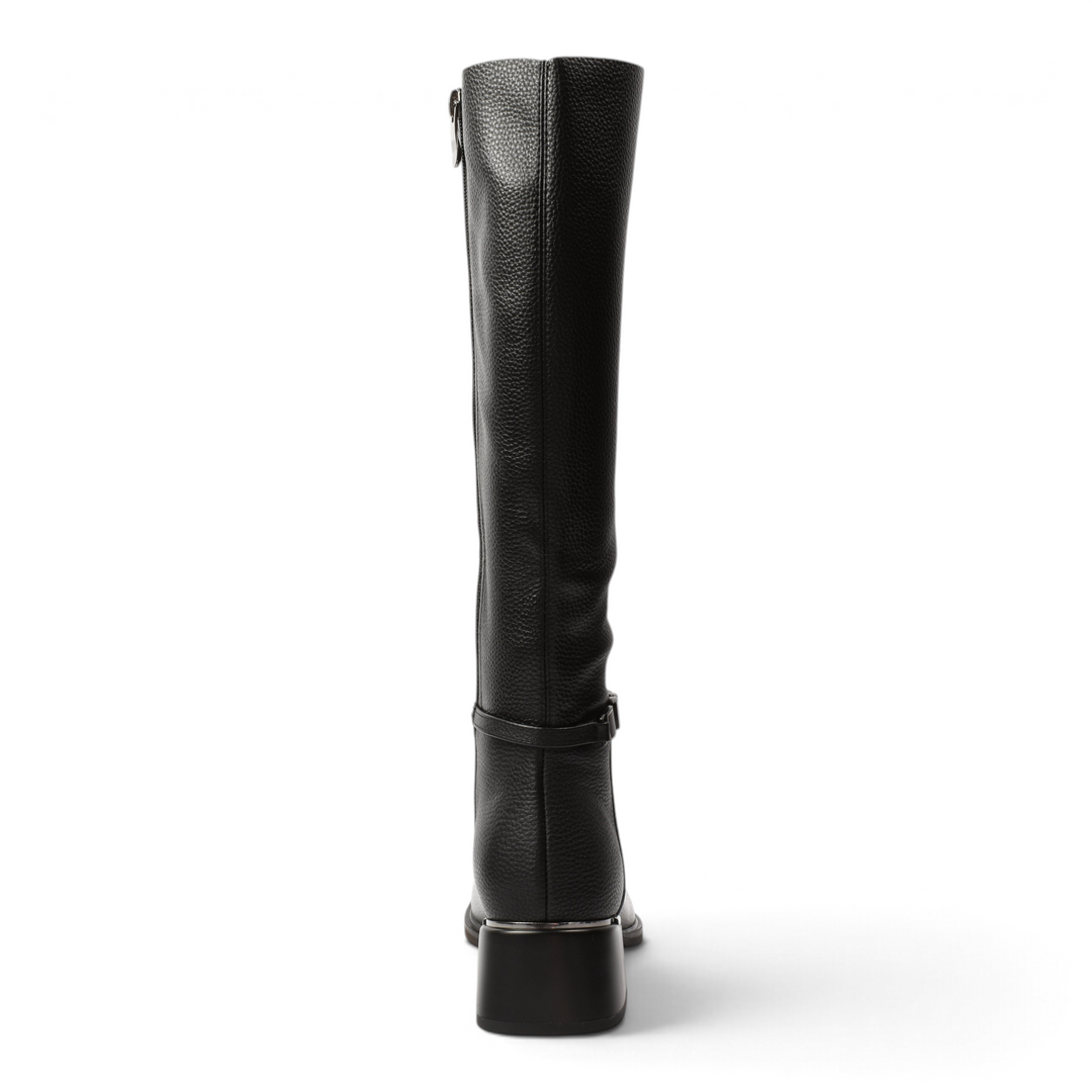 ada-shoes.ro Feeling black leather knee-high boots with a textured finish, ankle strap, and metallic heel detail.