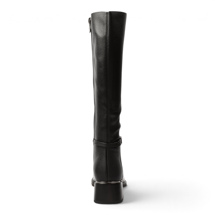 ada-shoes.ro Feeling black leather knee-high boots with a textured finish, ankle strap, and metallic heel detail.