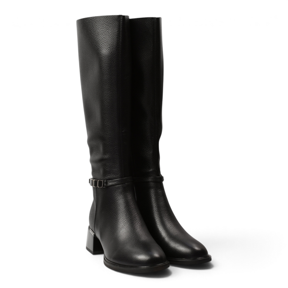 ada-shoes.ro black knee-high boots in textured premium leather with a decorative ankle strap and stable block heel.