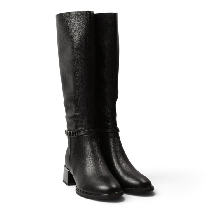 ada-shoes.ro black knee-high boots in textured premium leather with a decorative ankle strap and stable block heel.