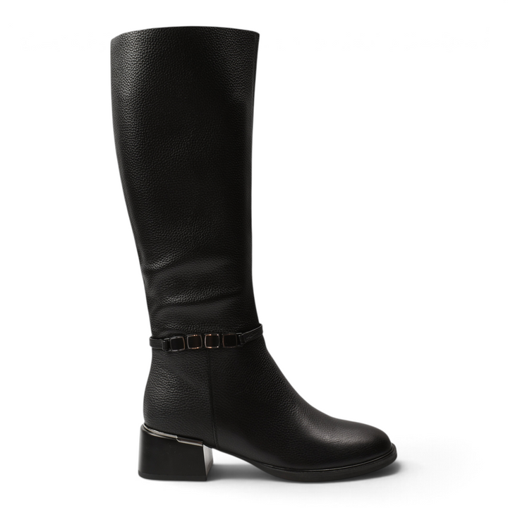 ada-shoes.ro black leather knee-high boots with a textured finish, ankle strap detail, and a stable block heel.